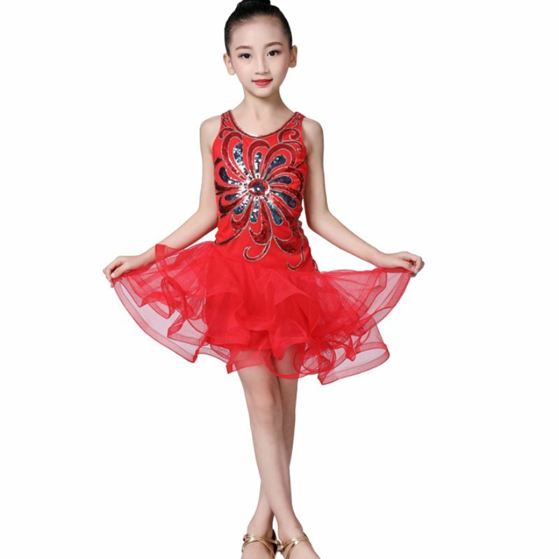 Kinderen \'s Girl Dance Wear Jurk Latin Dance Pailletten Mesh Pluizige Kinderen \'s Kostuums Prestaties Dans