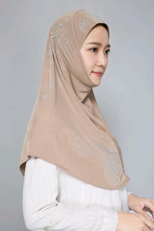 H006 High Quality medium size 70*60cm muslim amira hijab with rhinestones pull on islamic scarf head wrap amira headwear