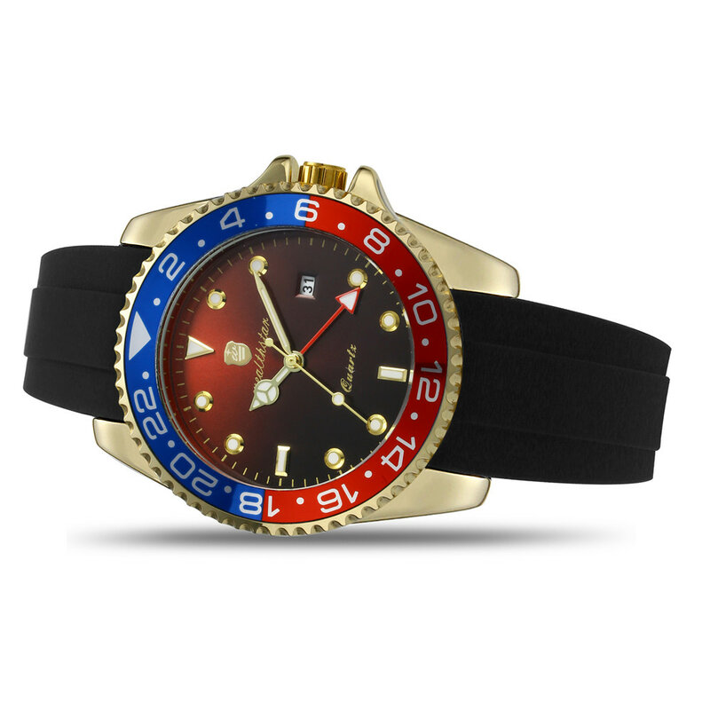 Wealthstar-Reloj clásico de cuarzo para hombre, pulsera con correa de silicona, con fecha automática, 44mm, GMT