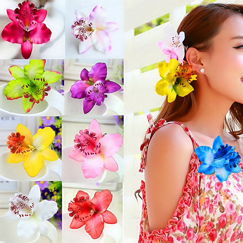 Presilhas de cabelo falsas femininas, presente moda praia areia borboleta orquídea 18 cores artesanais flores quentes