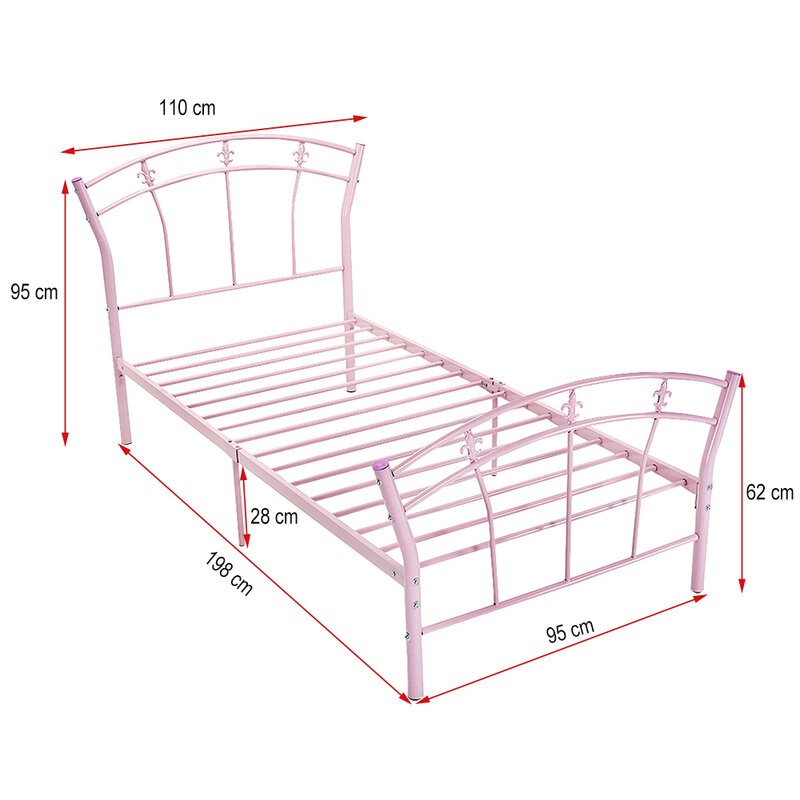 Dzieci metalowa rama łóżka różowe dziecko 3FT pojedyncze dziewczęce łóżko podstawa dziewczyny księżniczka meble do sypialni zagłówek w kształcie wachlarza szybka dostawa