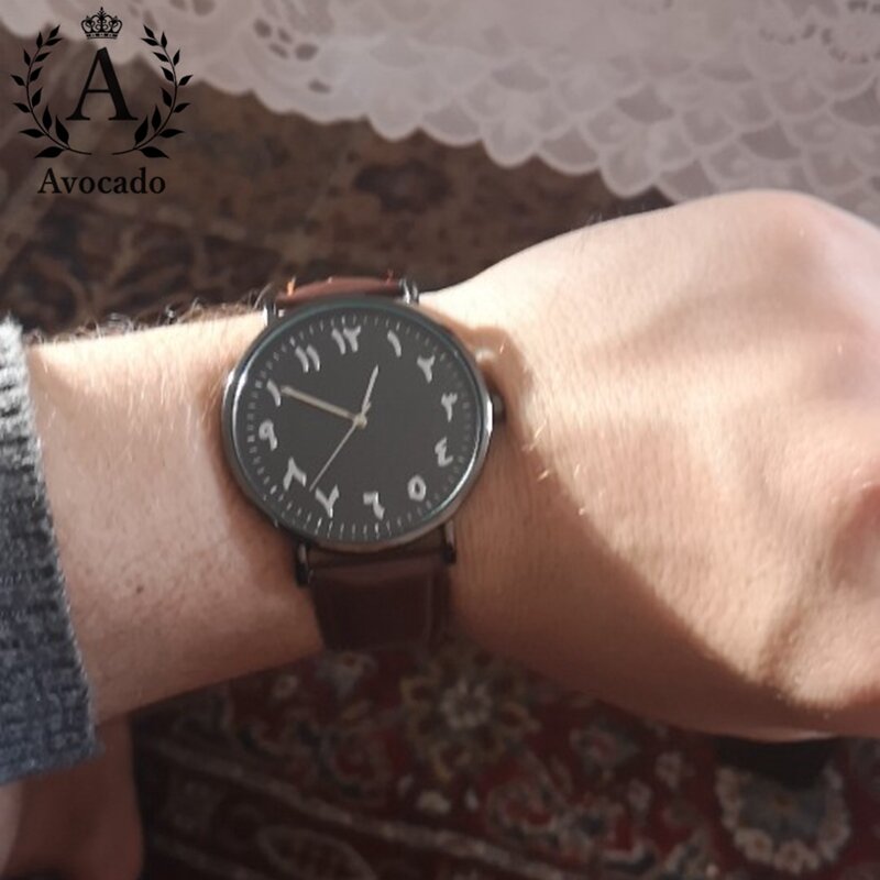 Moda senhoras relógios árabe quartzo relógio de pulso liga preto caso pulseira de couro marrom cronógrafo relógio