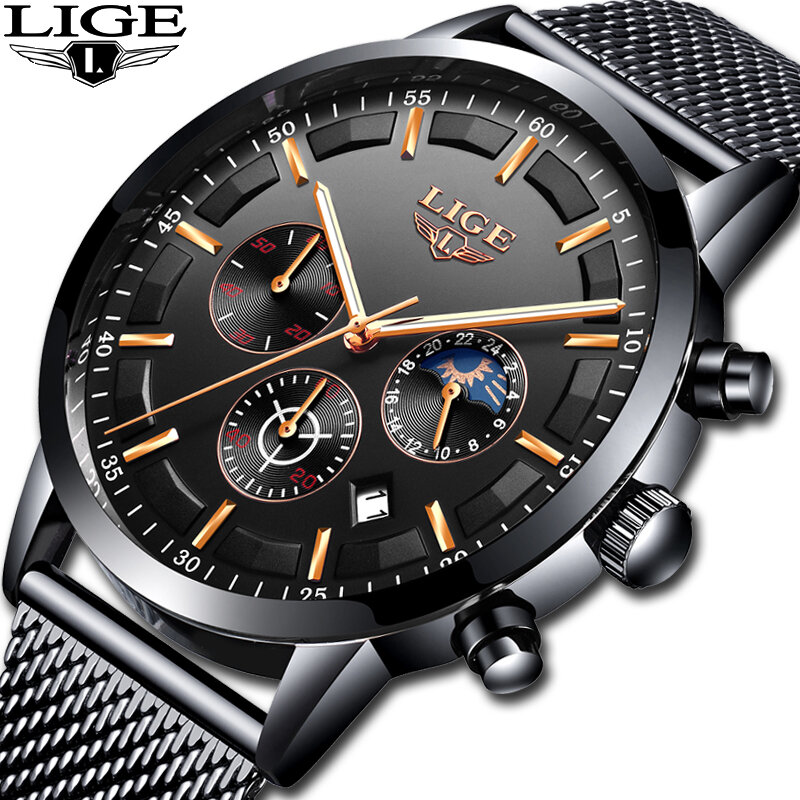 Relogio LIGE Mens Watches Top Brand Luxury Casual Quartz Wristwatch Men Fashion Stainless Steel Waterproof Sport Chronograph+Box