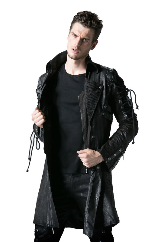 Gothic PU Leather Men Long Coats Polyester Rivet Casual Jackets Punk Long Sleeve Trench Coat Outwear