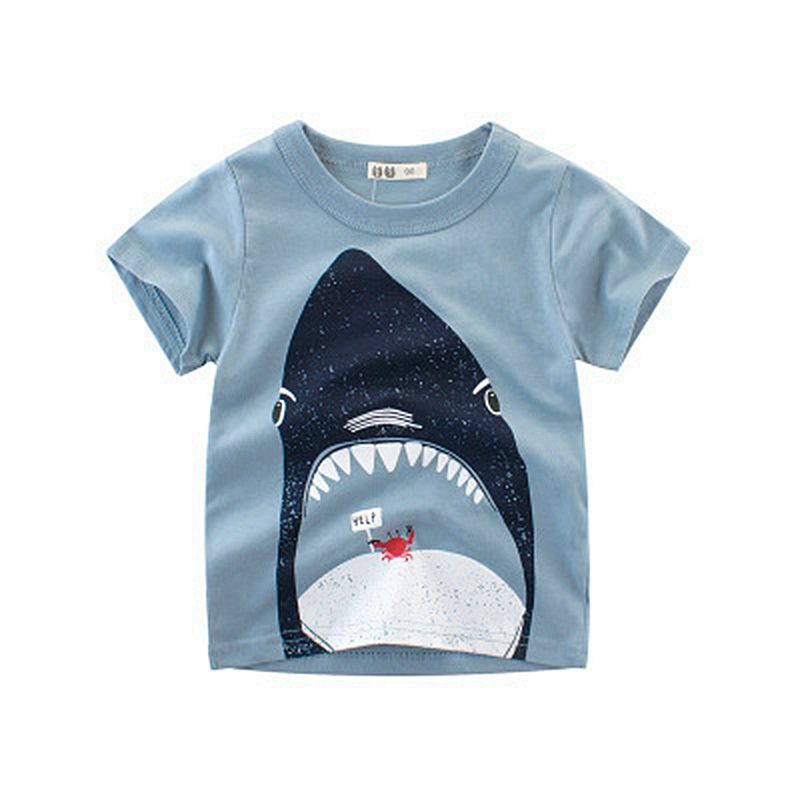 Camiseta de algodón con estampado de tiburón de dibujos animados para niños, ropa bonita de manga corta con cuello redondo, Tops de verano, 2019