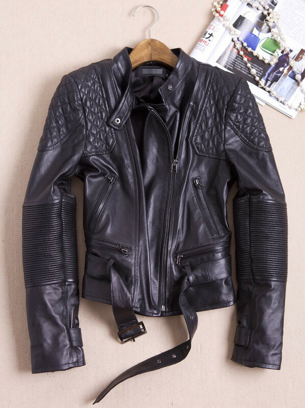 Jaqueta de couro genuíno das mulheres real pele carneiro punk rock jaqueta de couro real rebite motocicleta biker casaco feminino jaqueta