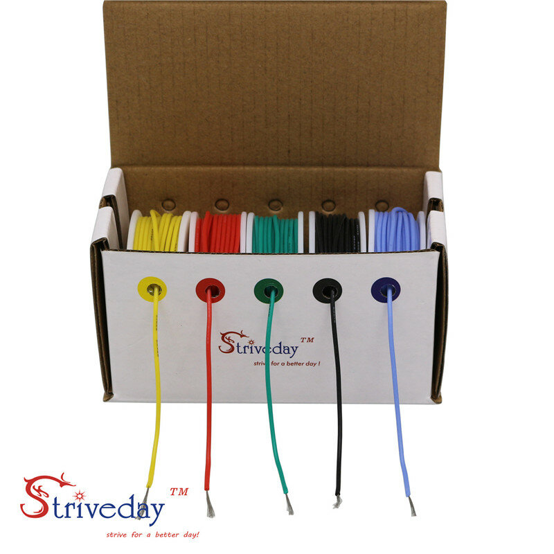 28AWG 50m  Flexible Silicone Cable Wire 5 color Mix box 1 box 2 package Tinned Copper stranded wire Electrical Wires DIY