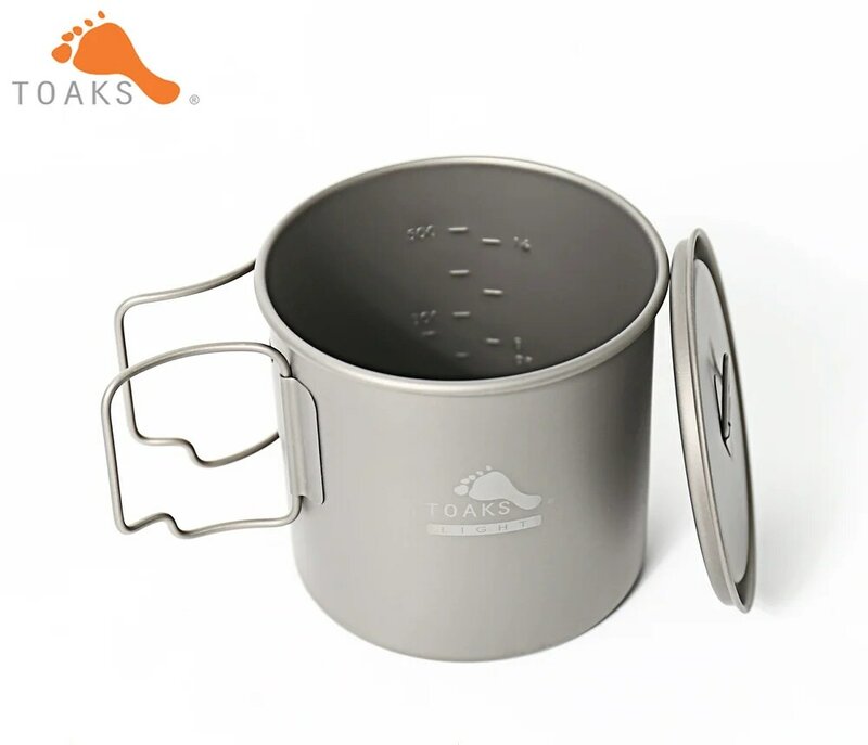 TOAKS POT-650-L Pure Titanium Ultralight  Cup  0.3mm Outdoor Camping Mug with Lid and Foldable Handle Hiking Cookware 650ml 80g