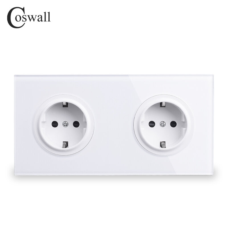 Coswall Crystal Tempered Pure Glass Panel 16A Double EU Standard Wall Power Socket Outlet Grounded With Child Protective Lock