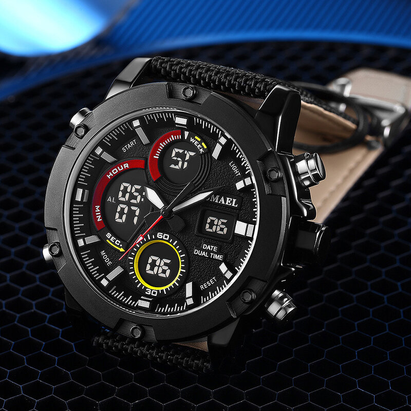 Мужские наручные часы SMAEL, спортивные наручные часы с циферблатом из сплава, аналоговым и цифровым ЖК-дисплеем, на нейлоновом ремешке