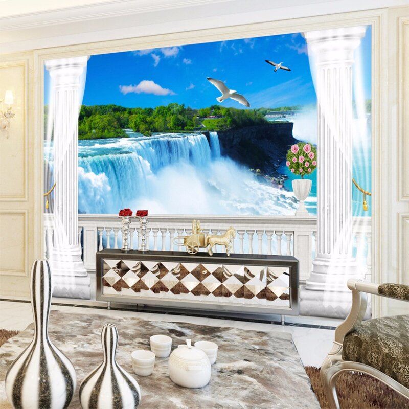 Eigene Tapete Wandbild 3D Balkon Römischen Spalte Hintergrund Wand Malerei Wohnzimmer Wasserfall Natürliche Landschaft Foto Tapete 3D