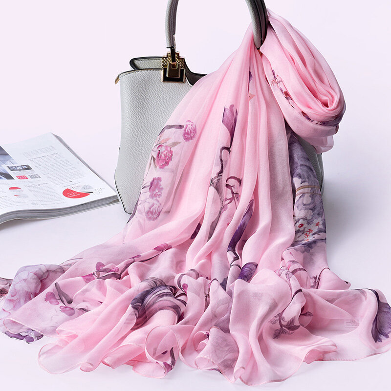 100% Real Chiffon Silk Scarf For Women Natural Silk Shawls Wrap For Ladies Luxury Brand Print Large Silk Scarf Neck Scarf
