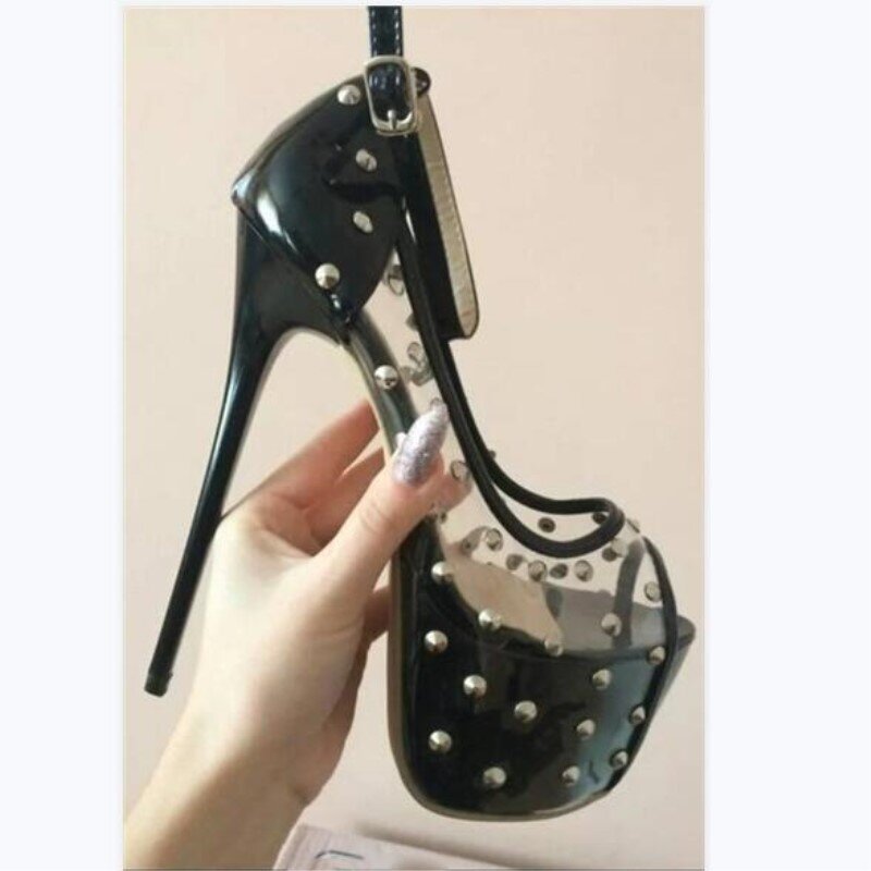 SHOFOO-Zapatos elegantes a la moda para mujer, zapatos de tacón alto de 16-18 cm con pintura de costura de PVC transparente, peep to e pumps