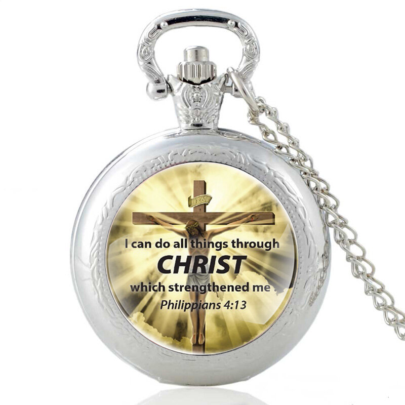 Mogę zrobić wszystko przez chrystusa wersety biblijne krzyż kwarcowy zegarek kieszonkowy Vintage mężczyźni Christian Faith naszyjnik zegarki