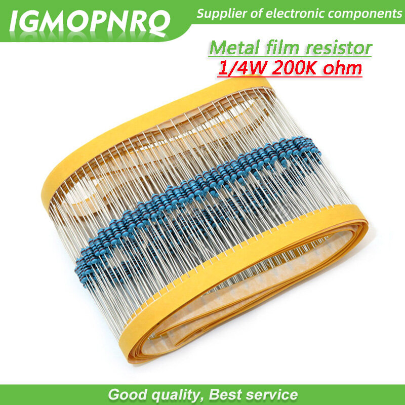 Anel resistor de filme de metal com 100 peças, anel de cinco cores de tecelagem de 1/4w 0.25w 1% 200k 200k ohm 200koh