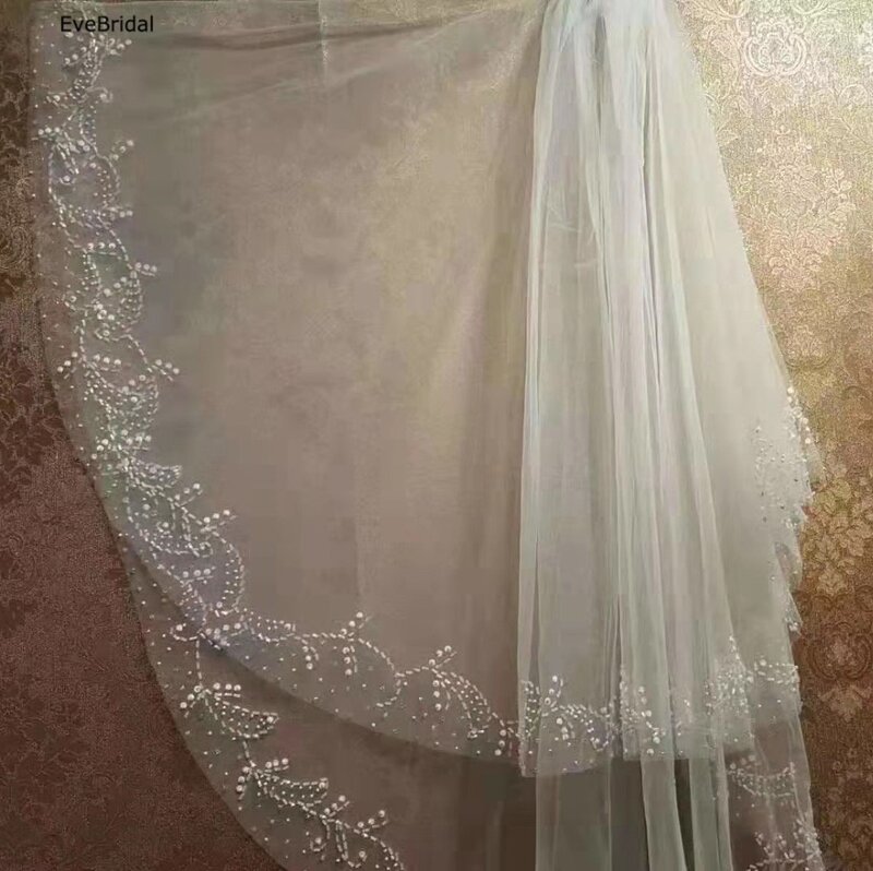 2 طبقات الأبيض العاج الكوع طول يدوية الخرزة حافة الزفاف الحجاب مع مشط