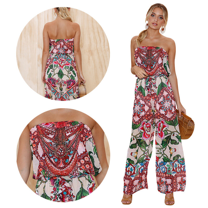 Women's Sexy Printed Off-shoulder Backless Summer Beach Sleeveless Jumpsuit Strapless Loose Trousers Casual Loose Geometric