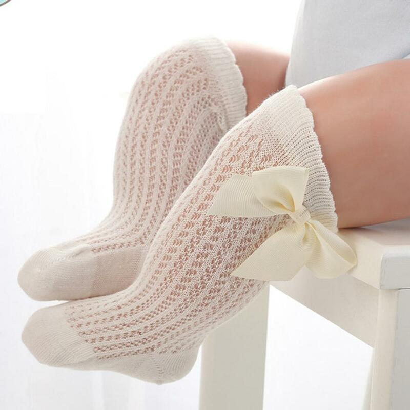Meias de algodão com laço fofo, meias até o joelho para meninas de 0 a 2 anos, primavera, verão, de malha para crianças pequenas