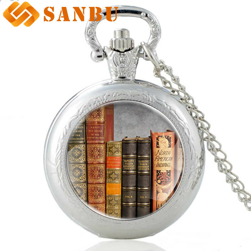 Reloj de bolsillo de cuarzo para hombre y mujer, pulsera con libros de Bronce Antiguo, Collar de plata Vintage, colgante, joyería, regalos