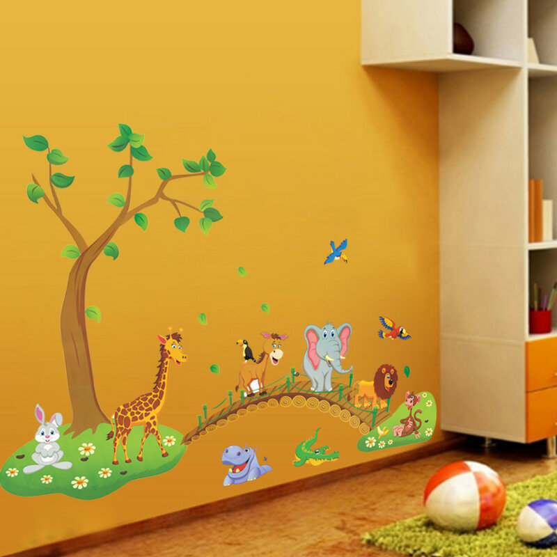 3D de Dibujos Animados de La Selva salvaje animal puente árbol elefante Jirafa león aves flores pegatinas de pared para niños sala de estar en casa decoración