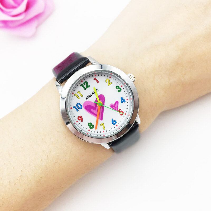 Fashion Children's Watches Colorful Number Heart Cartoon Quartz Watch Girl Pink Leather Pretty Student Wristwatches Kids hodinky