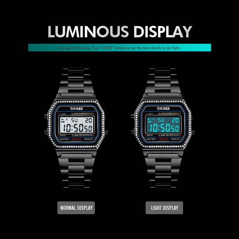SKMEI-브랜드 여성 디지털 손목 시계, 스테인레스 스틸 밴드 LED 디지털 시계, 사각 스포츠 시계, 여성 시계
