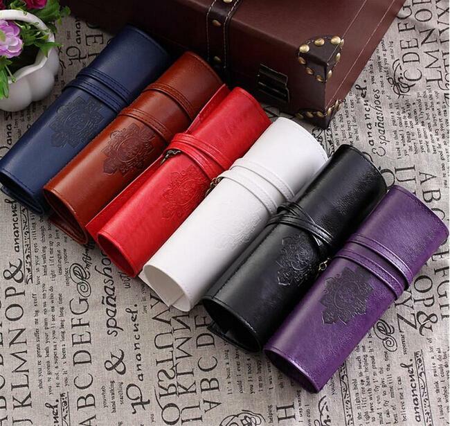 1pc Luxury Vintage Women Roll Leather Purse Makeup Cosmetic Pen Pencil Brush Bag Case Pouch free shipping