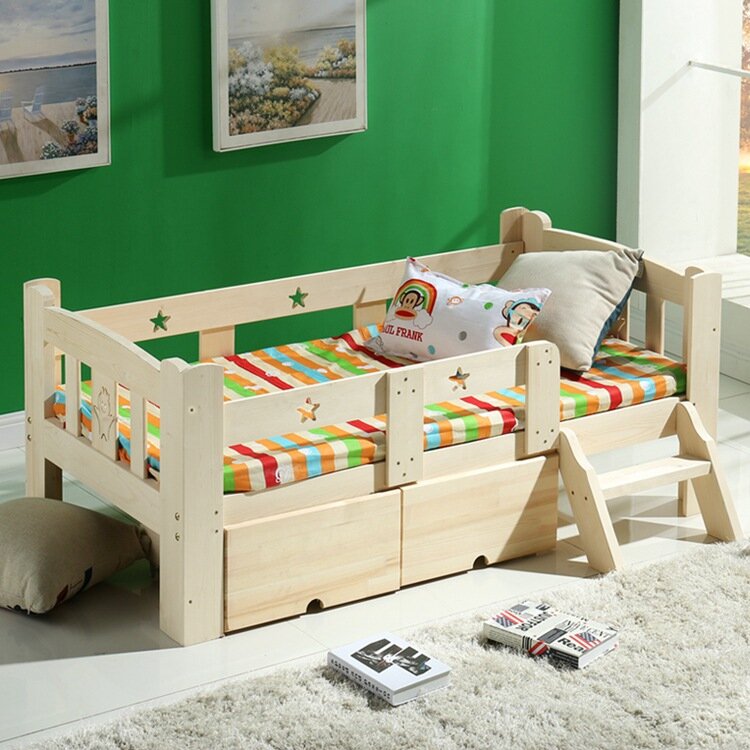 Modern Fashion Solid Wood Children Bed Widen Lengthen Baby  Pine Wooden Bed With Ladder Fence Storage Drawer Baby Crib