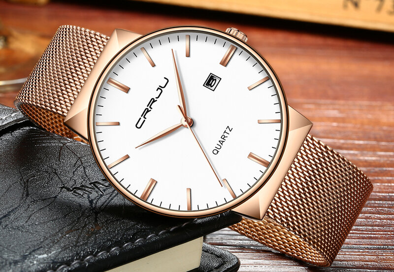 Crrju moda tendência simples design masculino ultra-fino relógio de aço inoxidável diário à prova dwaterproof água relógio de pulso de quartzo masculino presente