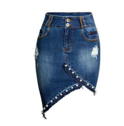 Посылка ская джинсовая юбка с жемчужинами, нестандартная джинсовая юбка с жемчужинами, джинсовая юбка большого размера с дырками, джинсова...