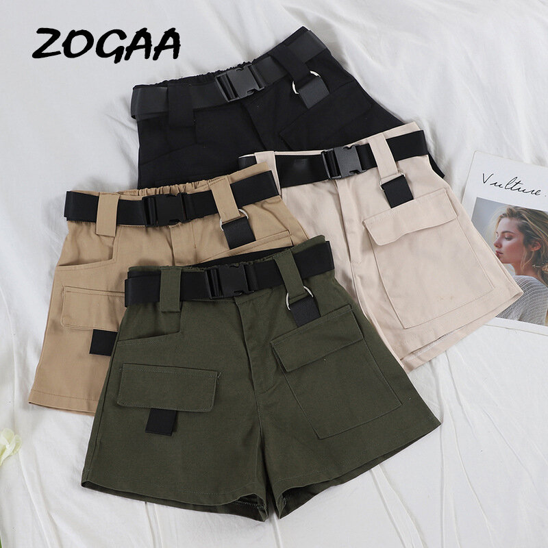 Zogaa 2020 Elastische Hoge Taille Shorts Vrouwen Zwarte Zomer Riem Shorts Vintage Sexy Katoen Biker Pocket Shorts Feminino Plus Size