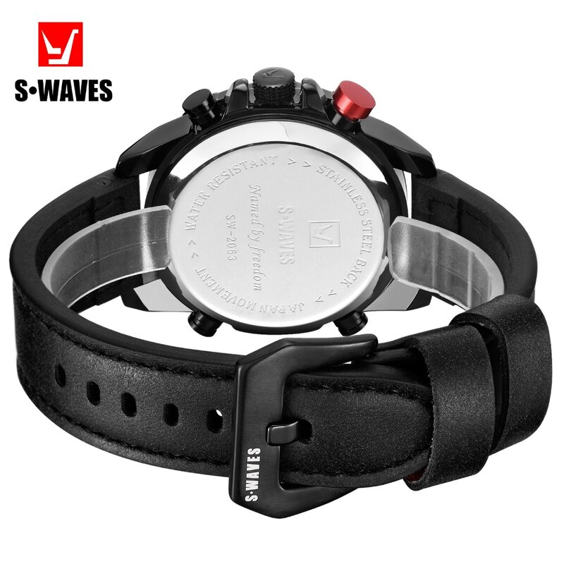 Swaves relógio digital de pulso com display duplo, relógio digital lcd resistente à água pulseira de couro quartzo masculino