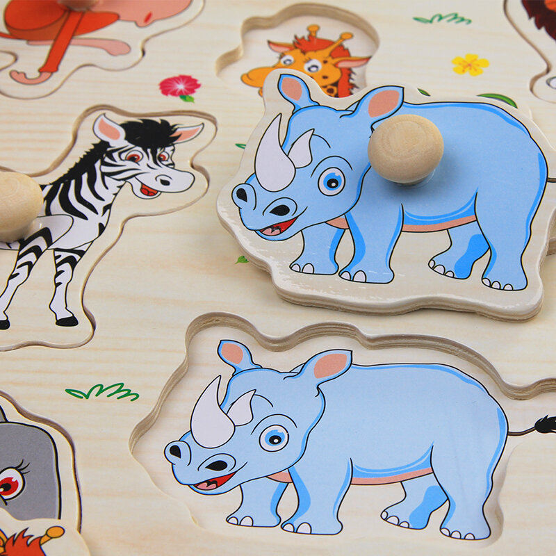아기 장난감 몬테소리 나무 퍼즐/손 잡아 보드 세트 교육 나무 장난감 만화 차량/해양 동물 퍼즐 어린이 선물
