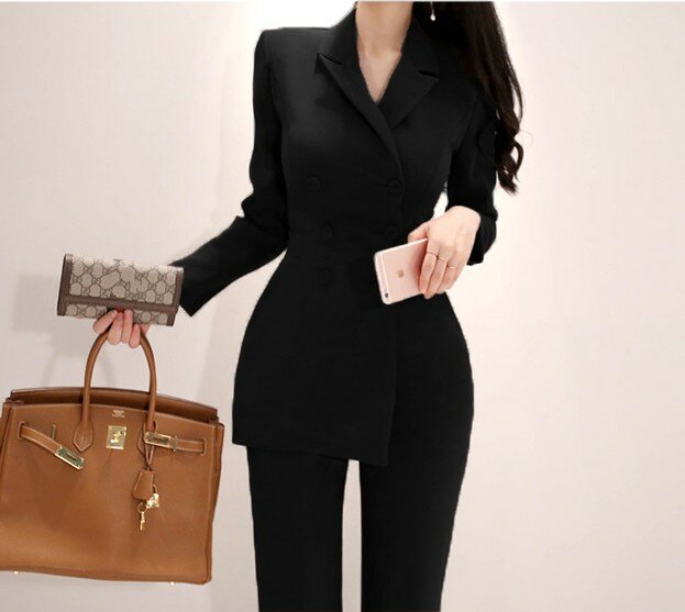 New fashion office OL Double-Breasted Women Jumpsuits Autumn Long Sleeve Irregular Work Wear Notched Collar Jumpsuit Overalls