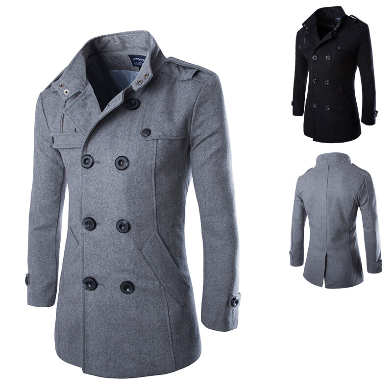 Drop shipping autumn men dust coat woolen overcoat slim fit outwear 2 colors M-5XL