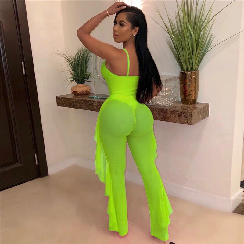 Adogirl Fluorescence Color Fashion Casual Two Piece Set Hollow Out Spaghetti Straps Bodysuit Swimwear + Ruffle Sheer Mesh Pants