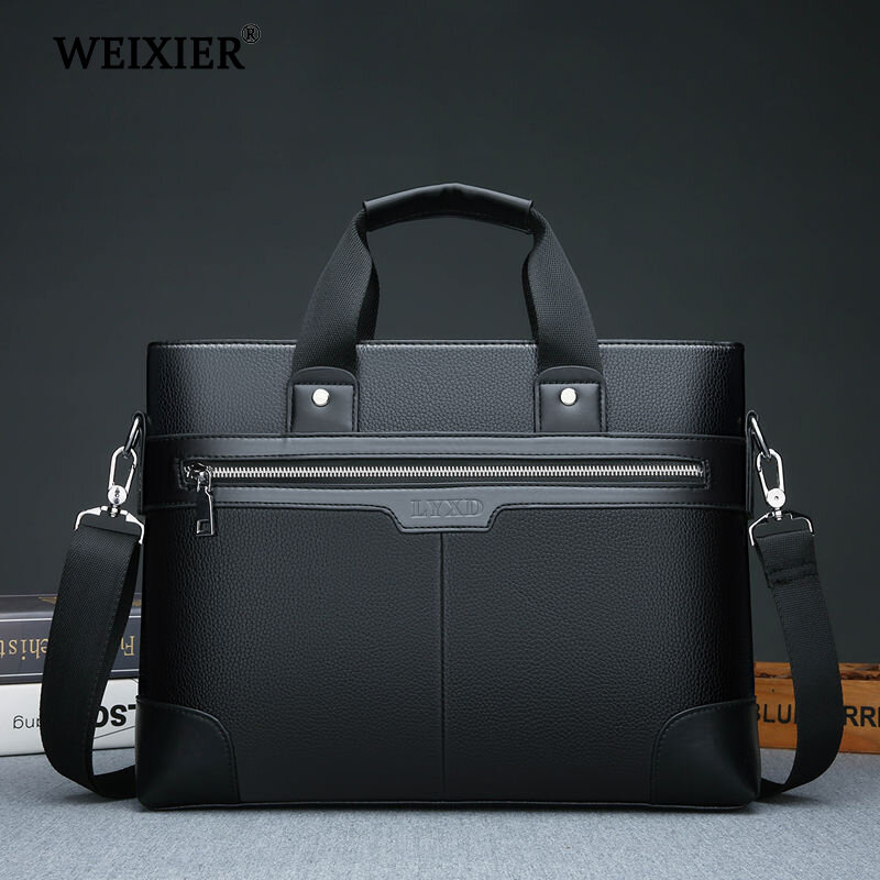 WEIXIER-Bolso de hombro de piel sintética para hombre, a la moda Maletín de negocios, color negro, para documentos, portátil