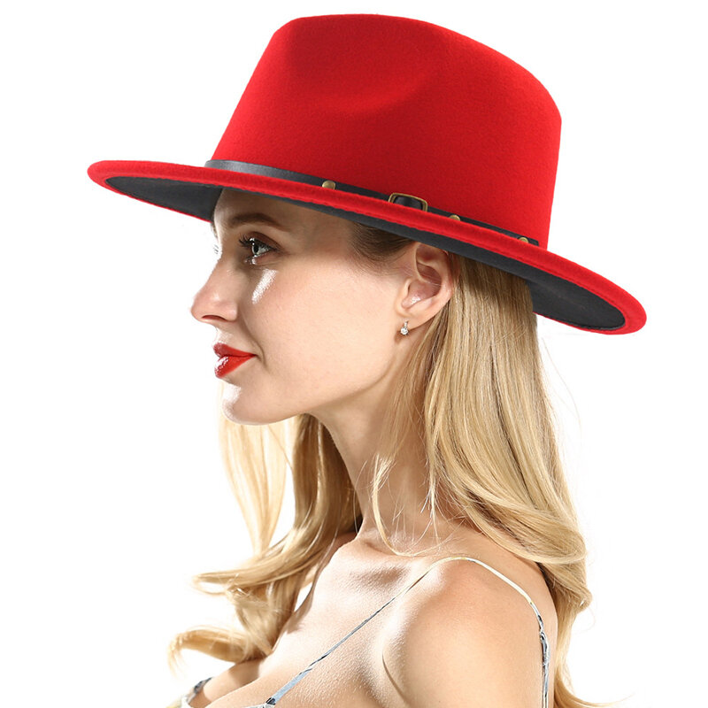 QIUBOSS noir rouge Patchwork laine feutre Jazz Fedora chapeaux ceinture boucle décor femmes unisexe large bord Panama fête Trilby Cowboy casquette