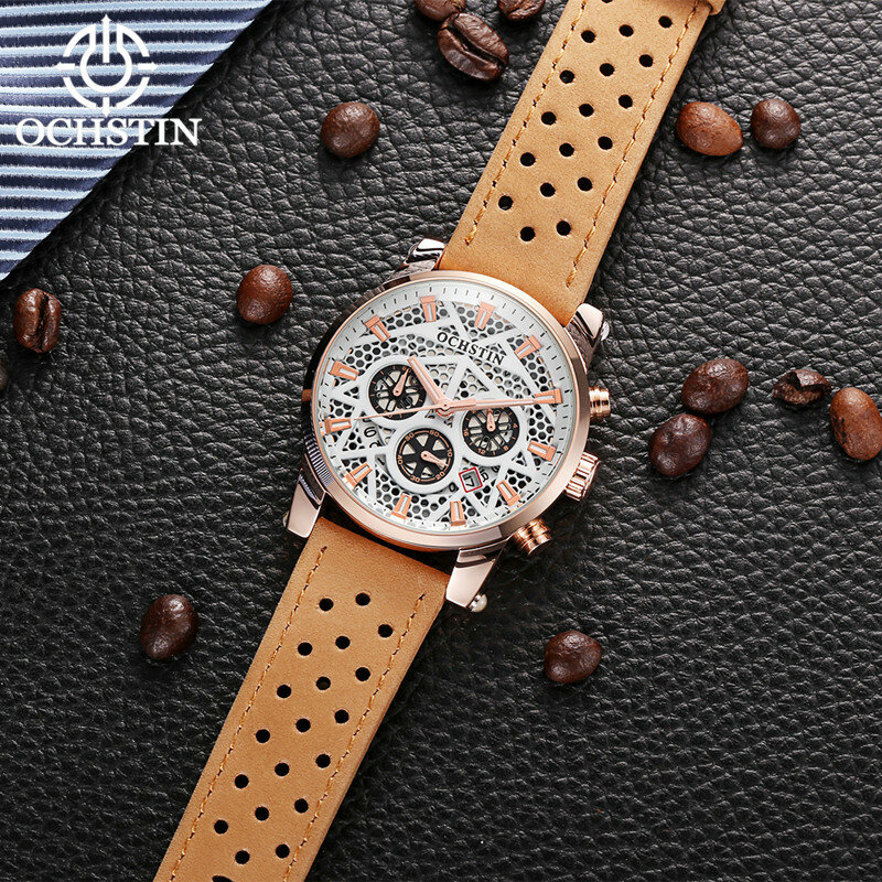 Relógio masculino com pulseira de couro, relógio oco de quartzo militar com cronógrafo e data automática para homens 2018