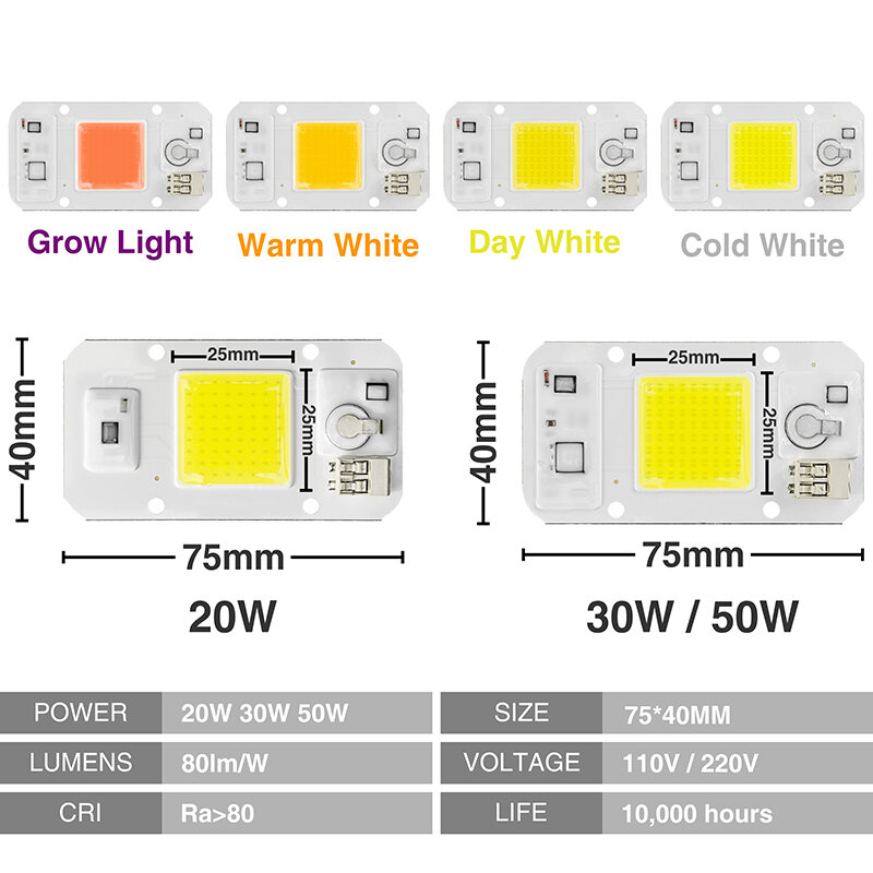 LED COB Chip Grow LED Light 110V 220V 20W 30W 50W bianco caldo freddo giorno bianco nessuna saldatura dimmerabile faretto proiettore illuminazione fai da te