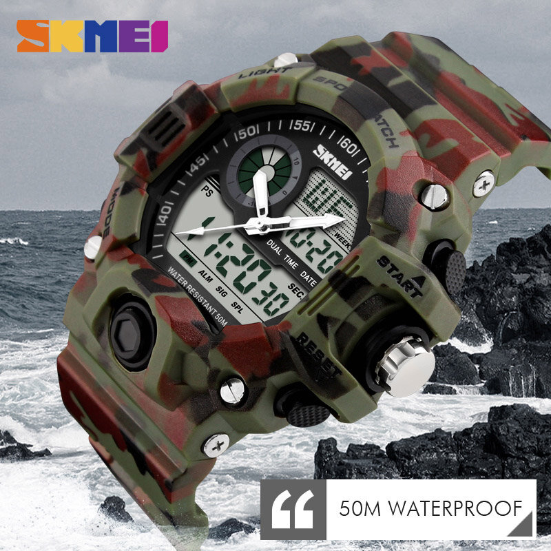 Skmei-relógio de pulso com mostrador duplo para homens, 50m, à prova d'água, resistente ao choque, cronógrafo, esportivo, ambiente externo, 1029
