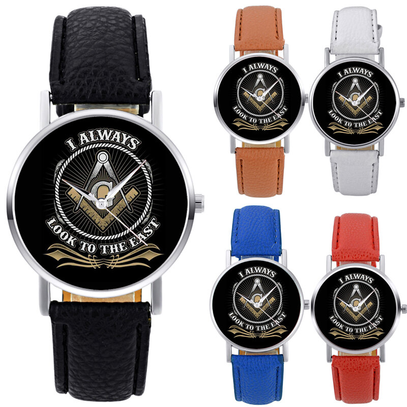 Classic Fashion Masonic Logo Quartz Wristwatch Retro Men Women I Always Look to East Bracelet Black Leather Casual Watch
