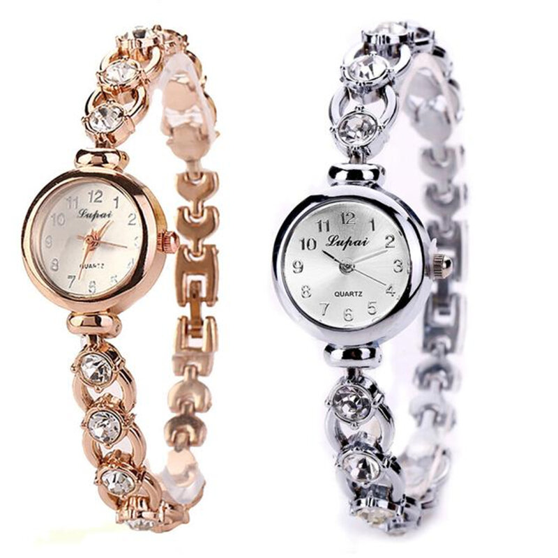 Relógio feminino pulseira dourada e prateada, relógio de pulso para mulheres, relógio de cristal de rock, vestido de luxo, quartzo, relógio de pulso para mulheres