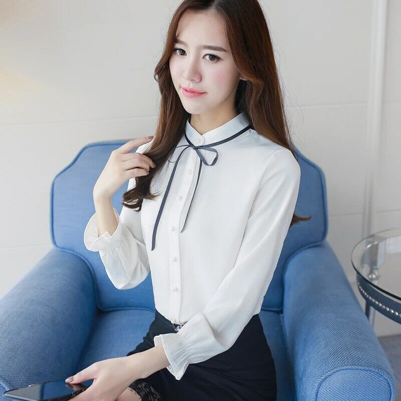 Korea style elegant soft chiffon shirt 2019 new fashion stand collar bow long sleeve solid color blouse for lady
