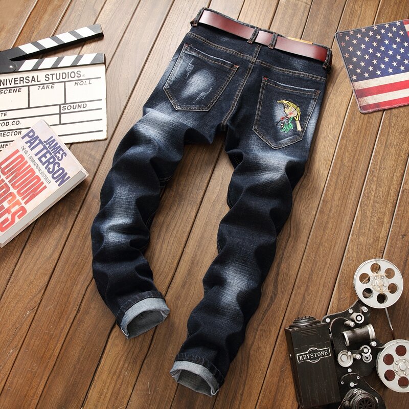 2019 marca jeans masculino bordado floral 3d jeans preto rasgado estilo vintage calças jeans fashion plus size 29-38 jeans masculino