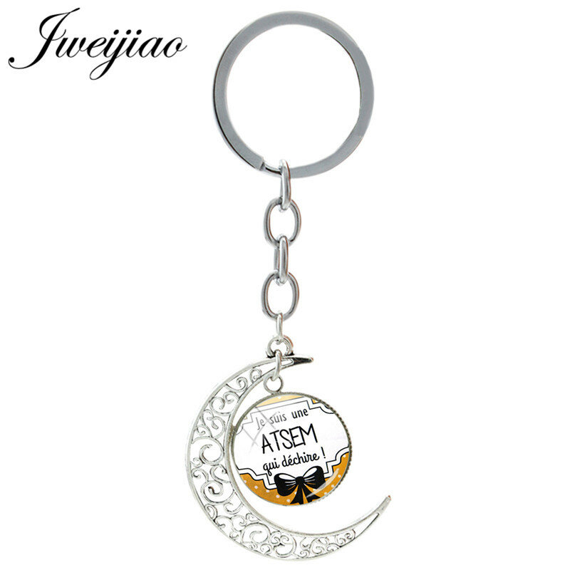 JWEIJIAO French Je Suis Une Atsem Qui Dechire Charms Glass Keychain Moon Pendant Keyrings Glass Cabochon Jewelry JE24