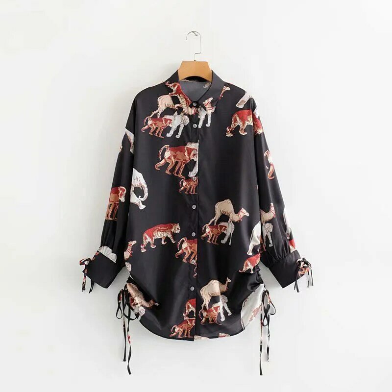 Blusas Mujer De Moda 2019 Autumn New Lapel Animal Print Drawstring Long Sleeve Shirt Women Blouse Women Blusa