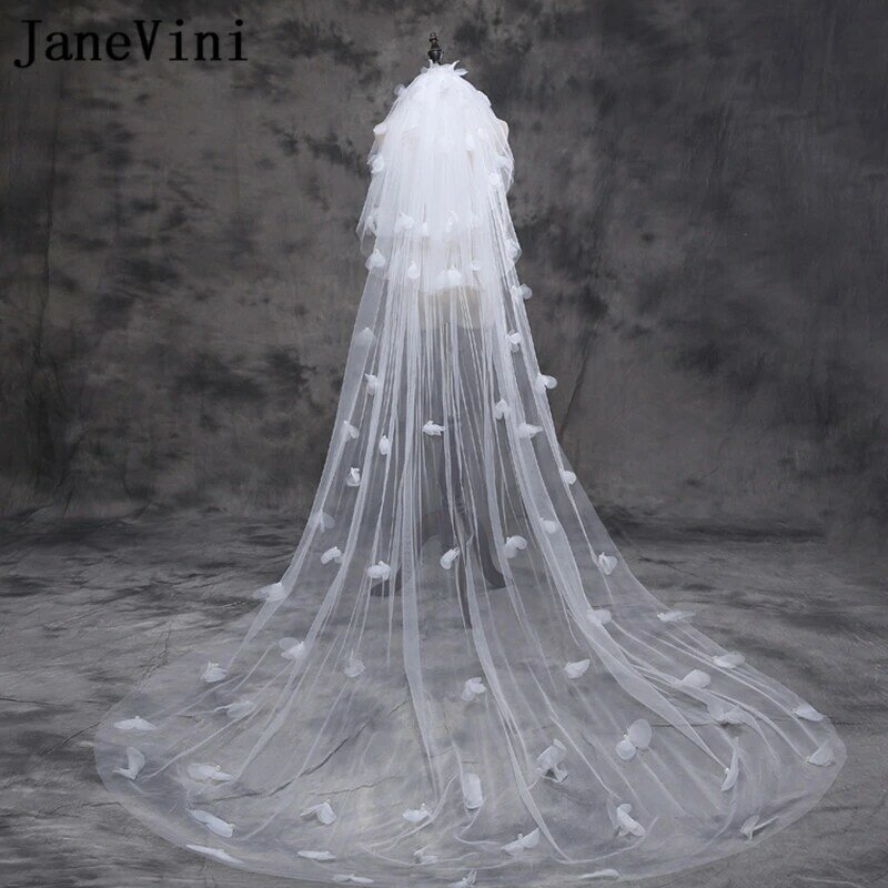 JaneVini สีขาวยาว Tulle Wedding Veils หวี Cathedral เจ้าสาวหลายชั้นเจ้าสาวงานแต่งงานอุปกรณ์เสริม Velo Nupcial