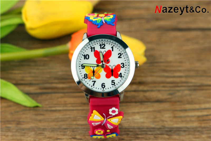 2019 cute kids 3D cartoon red and yellow butterfly face luminous pointer quartz watch new jelly watch for boys and girls