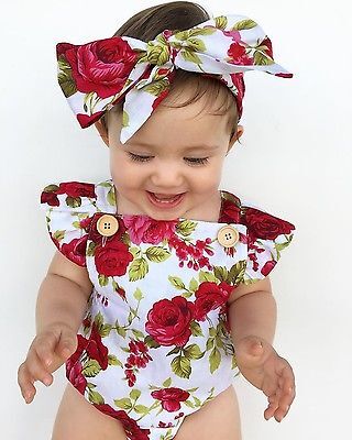 2 stks Set Pasgeboren Baby Meisjes Zomer Bloemen Rompertjes + headhand Baby Meisjes Bloem Jumpsuit Kleding Outfits